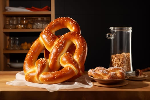 Tangy Soft baked pretzel with salt. Twisted traditional Bavarian bakery doughy bread. Generate ai