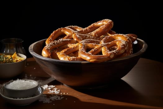 Aromatic Soft baked pretzel with salt. Twisted traditional Bavarian bakery doughy bread. Generate ai
