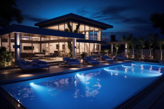 Property night pool. Modern house with luxury exterior design. Generate Ai
