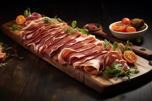 Prosciutto wooden board. Raw meat. Generate Ai