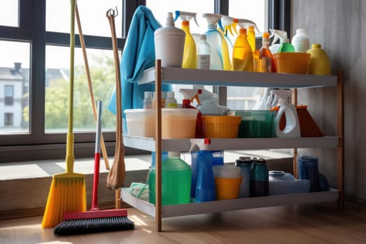 Professional janitor organizer cleaning. Woman sanitary cleaner indoors. Generate Ai