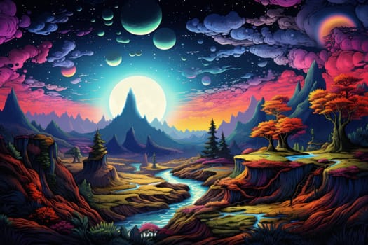 Psychedelic landscape. Summer forest fantasy. Generate Ai