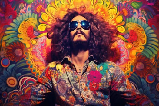 Psychedelic vintage man. Poster magazine. Generate Ai