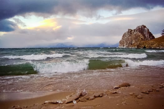 Autumnal nature on Lake Baikal. Landscape and flora of Baikal