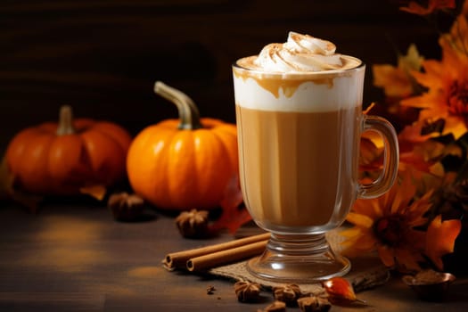Pumpkin latte drink. Glass table. Generate Ai