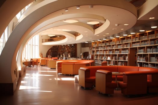 Public library interior. School modern shelf. Generate Ai
