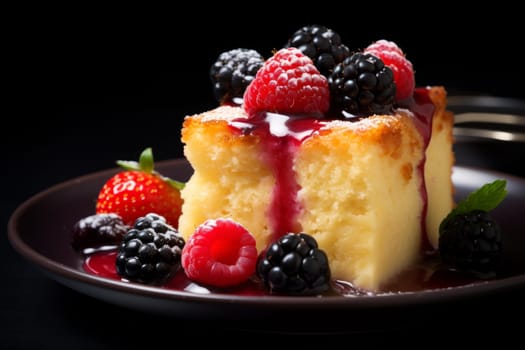 Pudding cake berries. Table sweet dessert food fruit. Generate Ai