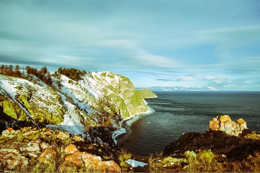 Autumnal nature on Lake Baikal. Landscape and flora of Baikal