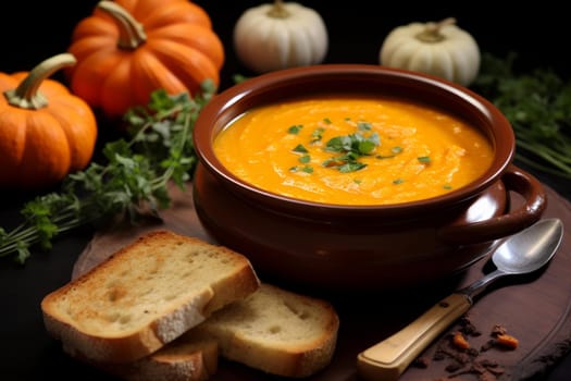 Pumpkin soup. Creamy orange plate. Generate Ai