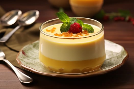 Pudding custard dessert plate. Egg sugar. Generate ai