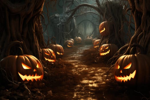 Pumpkin forest halloween scary. Fear wood. Generate Ai