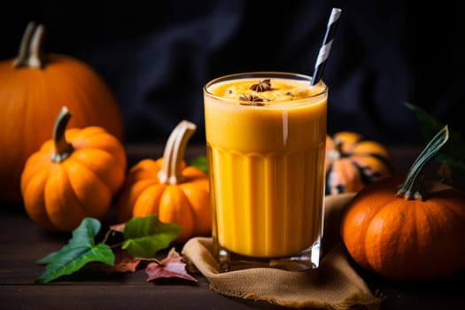 Pumpkin healthy drink glass. Autumn orange fall vitamin diet. Generate Ai