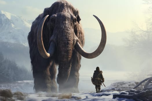 Prehistoric mammoth with woman. Primitive animal. Generate Ai