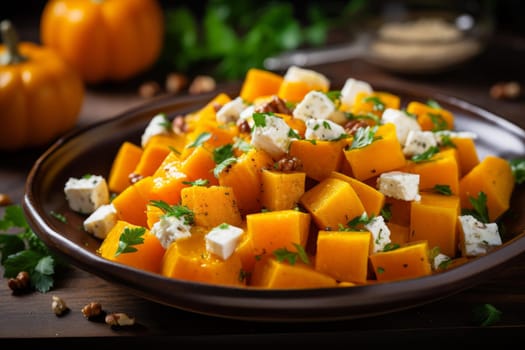 Pumpkin salad feta. Food leaf cheese recipe vegetarian. Generate Ai