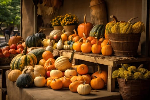 Bustling Pumpkin farmer market outdoor. Food field. Generate Ai