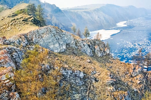 Autumnal nature on Lake Baikal. Landscape and flora of Baikal