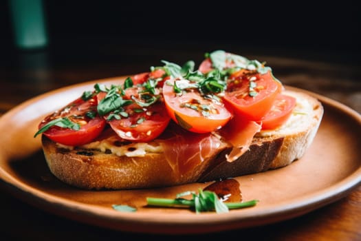 Prosciutto tomato toast. Food jamon. Generate Ai