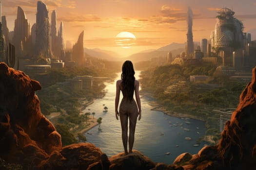 Prehistoric woman future city. Cave urban panorama. Generate Ai