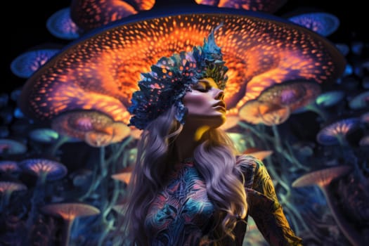 Woman glowing mushroom. Fantasy dream. Generate Ai