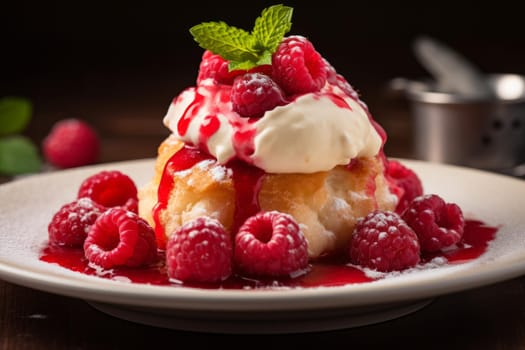 Puff raspberries dessert food. Sweet baked. Generate Ai