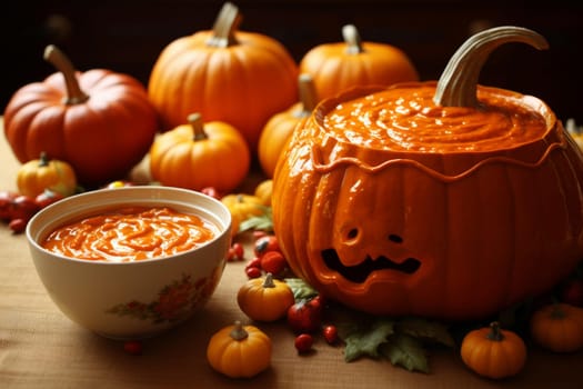 Rustic pumpkin soup on thanksgiving. Hot fresh diet food season. Generate Ai