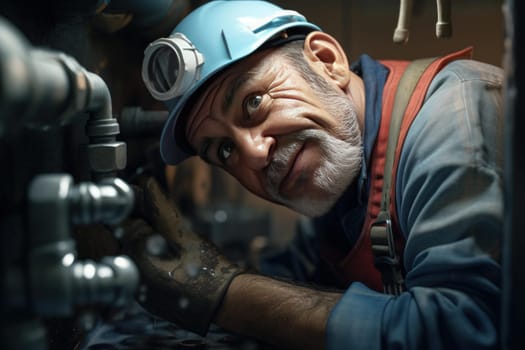 Happy professional plumber portrait. Domestic work fixing service man. Generate Ai