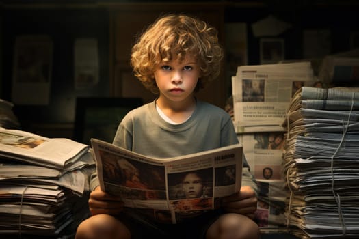 Child boy printed newspapers. Press media wall. Generate Ai
