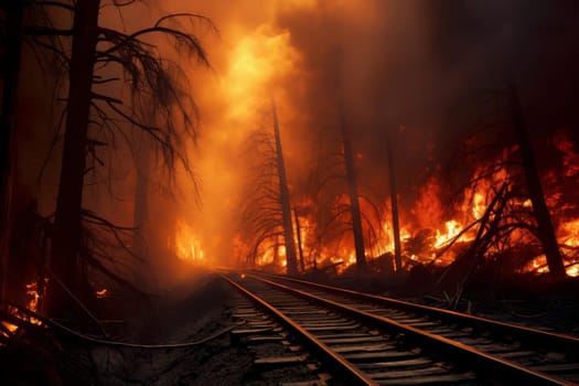 Railway fire forest natural. Scenic death. Generate Ai
