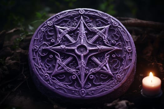 Purple wax candle sigil. Holiday light glowing festive wick. Generate Ai