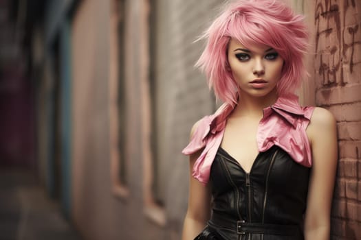 Punk woman pink dress. Summer nature. Generate Ai