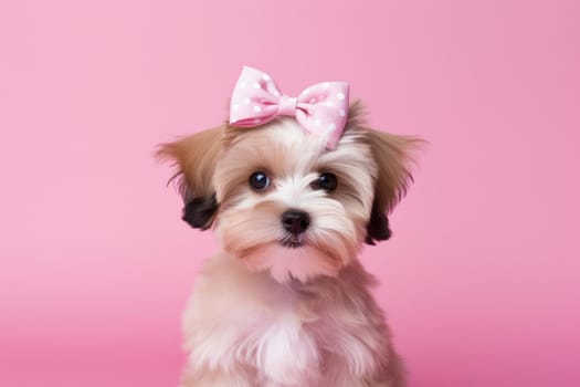 Puppy pink bow background. Pretty cute. Generate Ai
