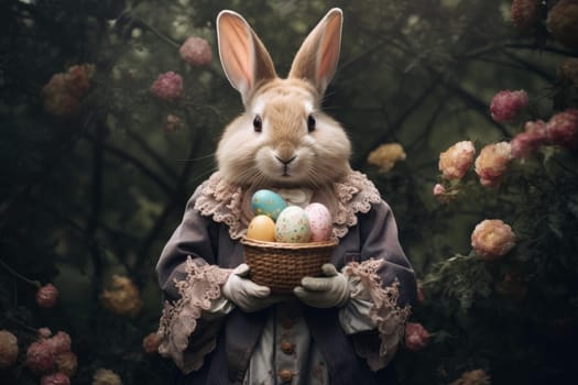 Rabbit holding easter colorful egg. Nature outdoor green grass animal. Generate Ai