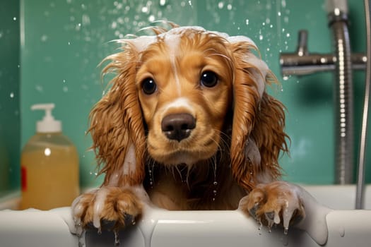 Puppy dog foam shampoo bath. Animal pet. Generate Ai