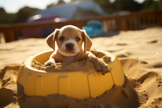 Pug puppy in sandbox at sunny day. Doggy domestic cute animal. Generate Ai
