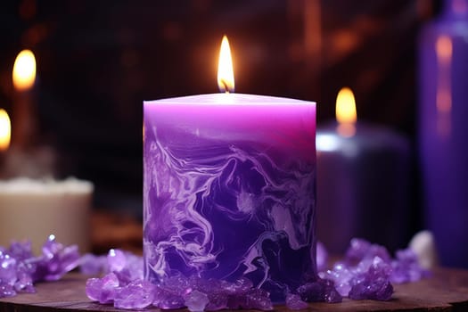 Purple wax candle burning. Light glowing wick one festive. Generate Ai