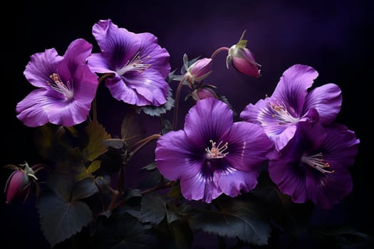 Purple flowers closeup dramatic. Nature summer. Generate Ai