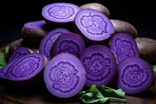 Purple sweet potatoes. Fresh root agriculture raw vegetable. Generate Ai