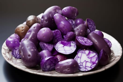 Purple sweet potatoes on wooden table. Crop skin cook color plant. Generate Ai