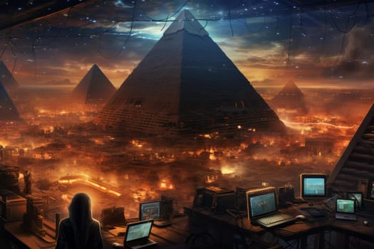Cyber pyramid neon. Mesh element. Generate Ai