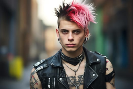 Punk guy on street. Adult man. Generate Ai