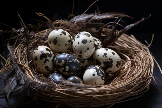 Quail eggs nest. Multicolored small and round objects with spots table. Generate AI