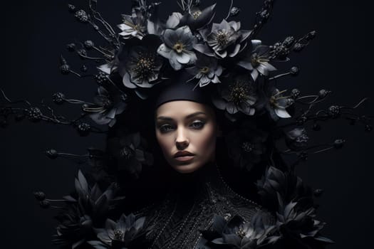 Black queen flowers. Face model creative. Generate Ai