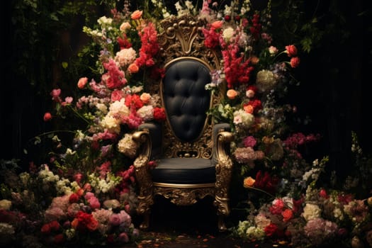 Black queen flowers throne. Model shine art. Generate Ai