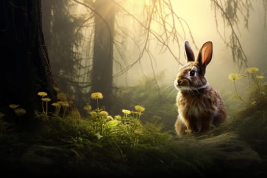 Rabbit forest nature outdoor. Cute wild mammal small fauna. Generate Ai