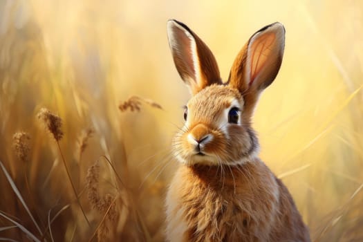 Side view portrait of wild rabbit. Brown cute hare in nature grass. Generate ai