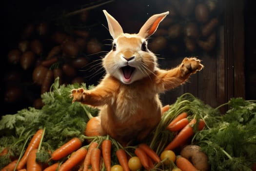 Happy mountain rabbit with heap of carrots. Wild furry hare with veggies harvest in nature habitat. Generate ai