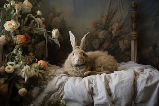 Rabbit sitting on bed blanket in sunlight. Home domestic animal mammal fur. Generate Ai