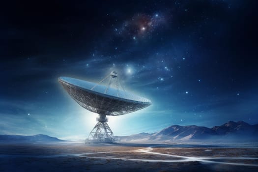 Radio telescope pointing sky at field background. Signal space science research. Generate Ai