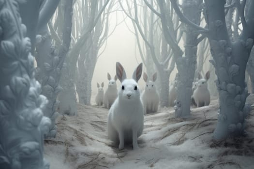 Rabbit white color in forest nature. Leaf park outdoor fur mammal. Generate Ai