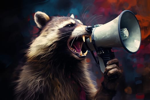 Cute raccoon megaphone promotion. Comic park. Generate Ai